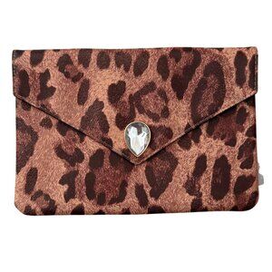Ipsy Leopard Print Cosmetic Bag Snap Closure Synthetic Makeup Pouch Faux Jewel
